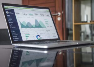Professional working on a laptop analyzing business growth charts and website data